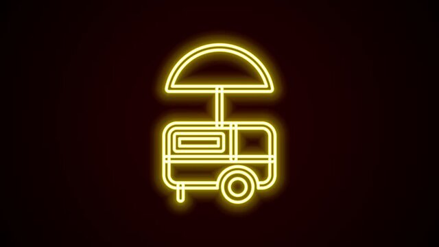 Glowing neon line Fast street food cart with awning icon isolated on black background. Urban kiosk. Ice cream truck. 4K Video motion graphic animation