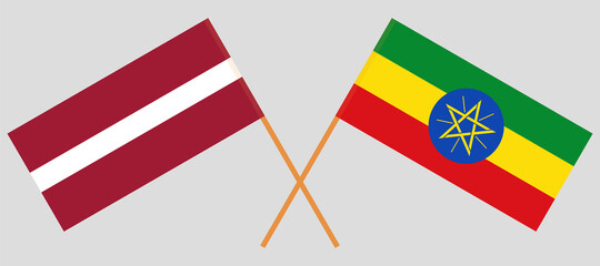 Crossed flags of Latvia and Ethiopia. Official colors. Correct proportion