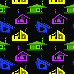 Stylized modern architecture seamless pattern. Colorful houses VECTOR ILLUSTRATION on black background.