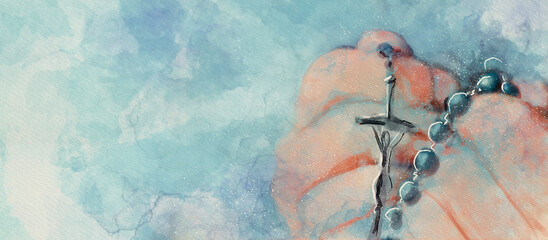 Rosary. Christian banner. Watercolor. - obrazy, fototapety, plakaty