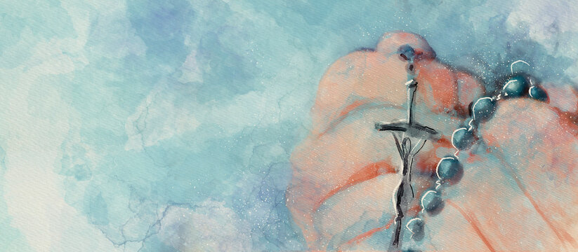 Rosary. Christian banner. Watercolor.