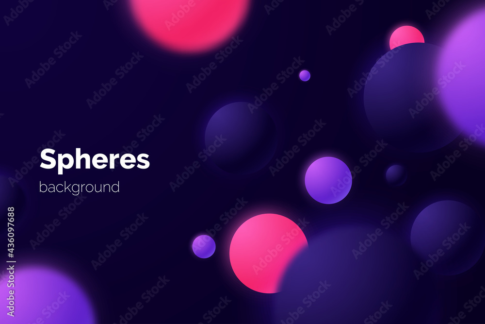 Poster Abctract simple background with pink and purple matte spheres isolated on dark. Banner design with floating bubbles in 3d style. Vector illustration.
