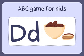 Kid alphabet mini games in cartoon style with letter D - dates. Vector illustration for game design - cut and play. Learn abc with fruit and vegetable flash cards.