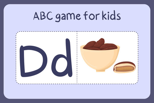 Kid Alphabet Mini Games In Cartoon Style With Letter D - Dates. Vector Illustration For Game Design - Cut And Play. Learn Abc With Fruit And Vegetable Flash Cards.