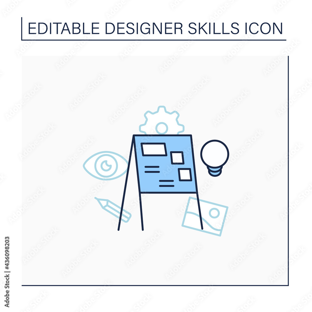 Poster presentation line icon. visually representing ideas. share ideas with colleagues. designer skills co