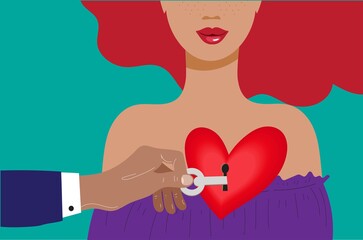Key from a woman's heart. Flat style illustration.