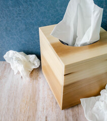 A handmade wooden tissue box and tissues bunched up

