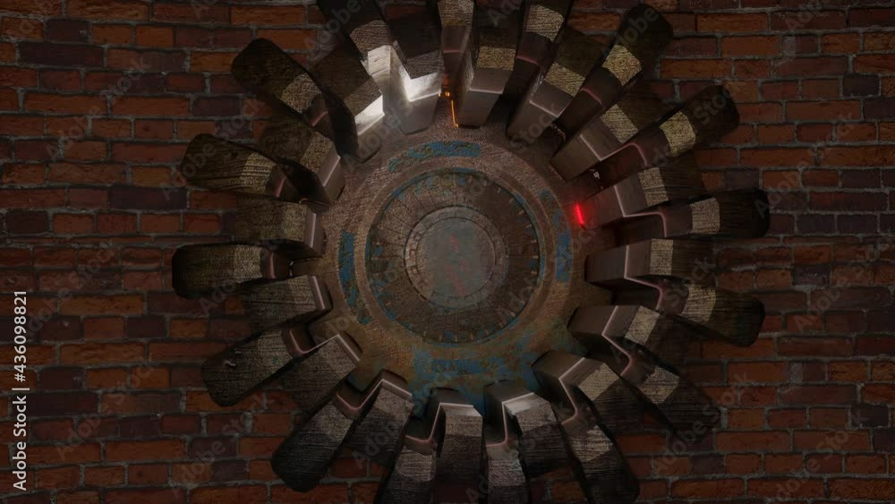 Poster camera flight through an endless round brick tunnel. round metal massive door opens the passage to t