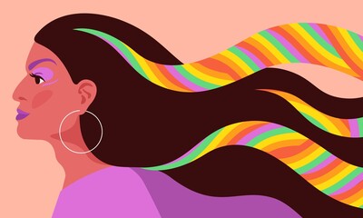 Concept vector illustration for LGBTQ rights, gender equity, human rights, equality, against violence, homophobia. Profile of proud Drag queen, woman. Rainbow in her hair, positive look to the future