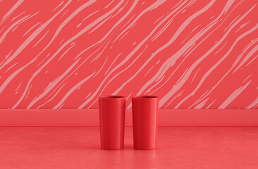 Two red color water glasses side by side on single red color monochrome front view kitchen counter top with faience mosaic tessellated wall, 3d Rendering, close-up view