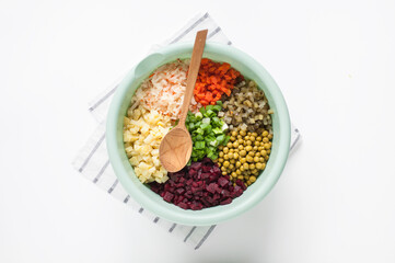 Vinaigrette salad. Multicolored assorted vegetables on a white background.Healthy food.
