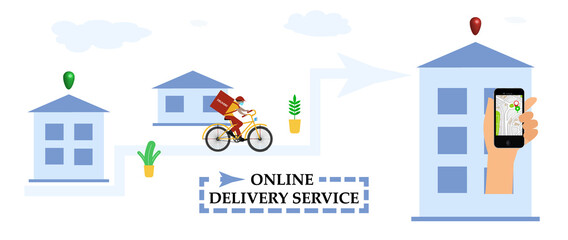 Online order and food express delivery concept. Courier by bicycle. E - commerce. Delivery service concept. Flat design. Yellow and blue colors. Stock vector illustration on isolated background.