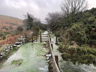 Flooding on a wet moorland in winter Cornwall