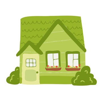 Vector cartoon green house for kids. House for the design of children's banners and postcards.