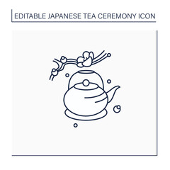 Japanese teapot line icon. Ancient kettle for tea ceremony and sakura twig. Trendy traditional teapot. Unique ritual. Tea ceremony concept.Isolated vector illustration.Editable stroke