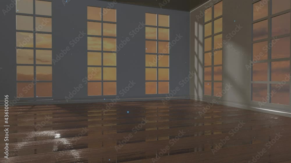 Poster abstract looped animated background. a light source flies around a room with large windows and leave
