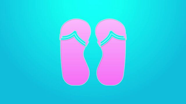 Pink line Flip flops icon isolated on blue background. Beach slippers sign. 4K Video motion graphic animation