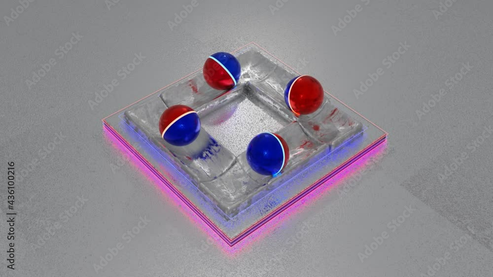 Poster bicolor red and blue balls roll back and forth on silver texrua troughs. animated looping screensave