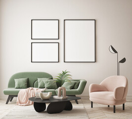 mock up poster frame in modern interior background, living room, Minimalistic style, 3D render, 3D illustration