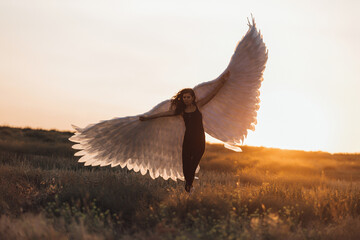 A young beautiful girl in black clothes and with stylized former wings in the form of an angel or a...
