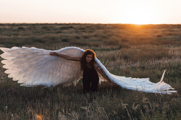 A young beautiful girl in black clothes and with stylized former wings in the form of an angel or a...