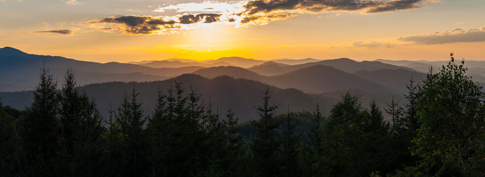 Sunset seen from Dwernik Kamień, multi-plan on the horizon, Bieszczady Mountains