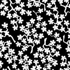 Seamless pattern with blossoming Japanese cherry sakura branches for fabric,packaging,wallpaper,textile decor,design, invitations,print,gift wrap,manufacturing.White flowers on black background.