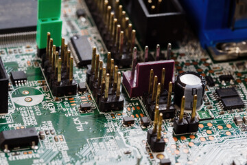 Metal connectors on a computer motherboard.