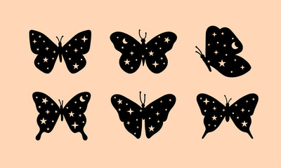 Celestial butterfly hand drawn illustrations. Collection of celestial illustrations of butterflies. 