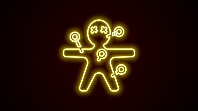 Glowing neon line Voodoo doll icon isolated on black background. Happy Halloween party. 4K Video motion graphic animation