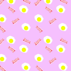 Seamless pattern with food illustration. Vector illustration of bacon and scrambled eggs. Fabric and packaging design