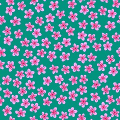 Fototapeta na wymiar Seamless pattern with blossoming Japanese cherry sakura for fabric, packaging, wallpaper, textile decor, design, invitations, print, gift wrap, manufacturing. Pink flowers on sea green background.