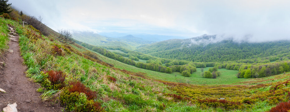 Rainy weather in Bieszady, hiking trail around the top of Tarnica, Bieszczady Mountains