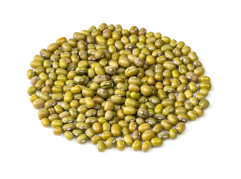 pile of green mung bean closeup on white