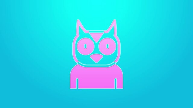 Pink line Owl bird icon isolated on blue background. Animal symbol. 4K Video motion graphic animation