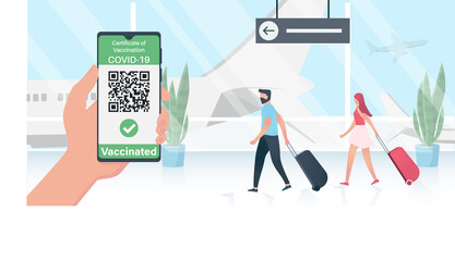 Fototapeta premium Hand keeping phone. Health passport application. Digital certificate of vaccination