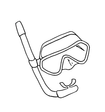 Mask and snorkel for snorkeling. Hand drawning in black ink isolated on white background. Summer illustration in Doodle style