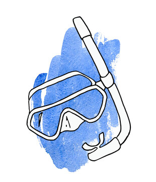 Mask and Snorkel for Snorkeling. Hand Drawning in bBack Ink and Blue Watercolor Spot isolated on White Background. Summer Illustration in Doodle style