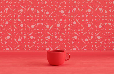 Single Red coffee mug on Red color kitchen counter top , decorative red wall, 3d Rendering, close-up view
