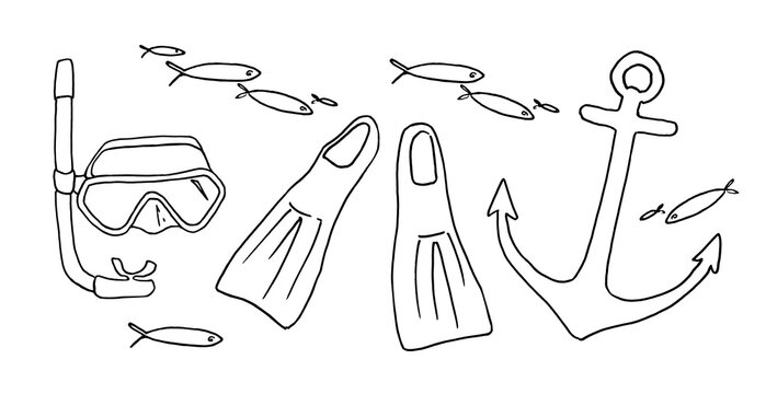 Snorkeling line art set.  Mask, tube, flippers, fish and anchor. Hand drawn illustration. Black ink drawing isolated on white background. Doodle style.