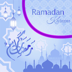 Fototapeta na wymiar blue ramadan kareem with mosque silhouette vector background, translation: the glorious ramadan month 