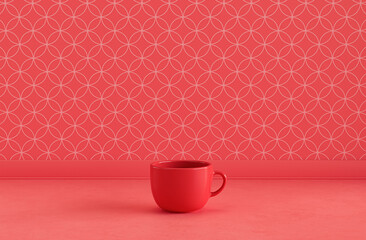 Single Red coffee mug on monochrome red color kitchen counter top with faience mosaic tessellated wall, 3d Rendering, close-up view