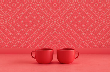 Two Red porcelain coffee cups side by side on monochrome red color front view kitchen counter top with faience mosaic tessellated wall, 3d Rendering, close-up view