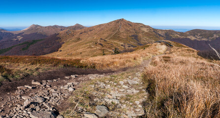 Panorama from the Rozsypaniec summit to the peaks of Tarnica, Halicz, Bukowe Berdko, Krzemien, Polonina Carynska, Kopa Bukowska, Bieszczady Mountains, Wołosate