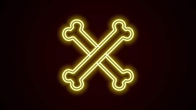 Glowing neon line Crossed bones icon isolated on black background. Pets food symbol. Happy Halloween party. 4K Video motion graphic animation