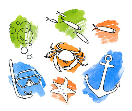  Summer ocean design elements. Mask, Tube, Anchor, Bubbly, Fish, Starfish, and Crab. Underwater World. Hand Drawing Black ink and Watercolor Colorful Spots isolated on White Background.