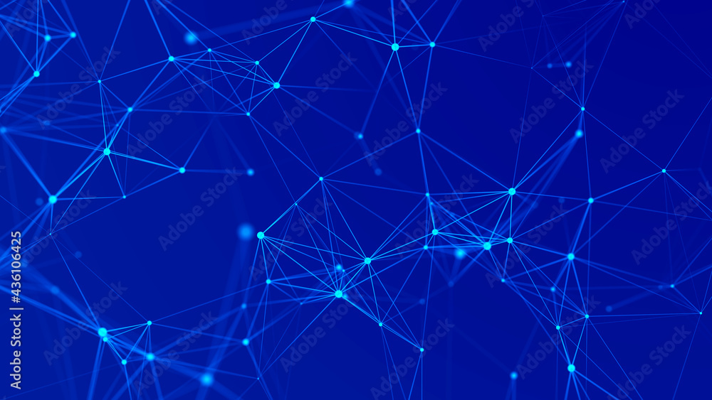 Poster Abstract background with connecting dots and lines. Distribution of triangular shapes in space. Big data. Network connection structure. 3D