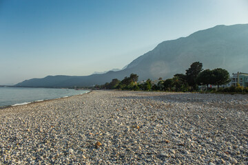 Beach on the sea with mountains in the background in Antalya Kemer