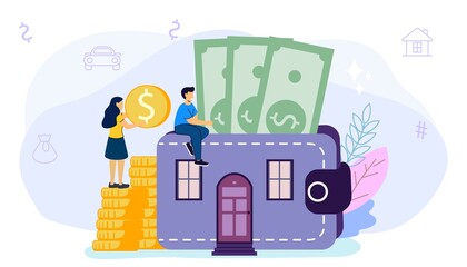 Household expenses Wallet with money coins House rental Buy real estate and pay credit to bank Mortgage loan Real estate investment Property purchase Home finance and budget Vector flat illustration t