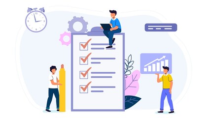Check list with done mard Successful completion of business tasks Flat vector illustration Questionnaire survey for people to give answer Business organization and achievements of goals